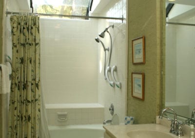 MB suite bath includes skylight, shower & garden tub, & long Corian countertops.